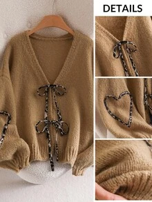 CosyJoli Brown Plus Size Women Tie-Front Knot Cardigan In Fall/Winter - Brown - View 4