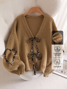CosyJoli Brown Plus Size Women Tie-Front Knot Cardigan In Fall/Winter - Brown - View 1