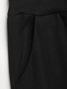 SHEIN 兒童青少年女孩秋冬黑色保暖內裡寬鬆復古高腰寬腿長褲休閒日常穿著 - 黑色 - 查看 7