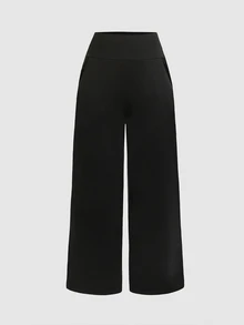 SHEIN 兒童青少年女孩秋冬黑色保暖內裡寬鬆復古高腰寬腿長褲休閒日常穿著 - 黑色 - 查看 5