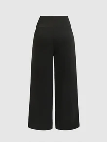 SHEIN 兒童青少年女孩秋冬黑色保暖內裡寬鬆復古高腰寬腿長褲休閒日常穿著 - 黑色 - 查看 6