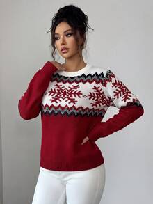 Louniche 秋冬新款優雅休閒紅色圓領長袖雪花提花女款時尚針織套頭毛衣，適合外出與節日穿著 - 紅色 - 查看 7
