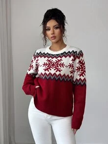 Louniche 秋冬新款優雅休閒紅色圓領長袖雪花提花女款時尚針織套頭毛衣，適合外出與節日穿著 - 紅色 - 查看 8