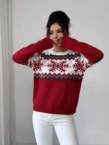 Louniche 秋冬新款優雅休閒紅色圓領長袖雪花提花女款時尚針織套頭毛衣，適合外出與節日穿著 - 紅色 - 查看 6
