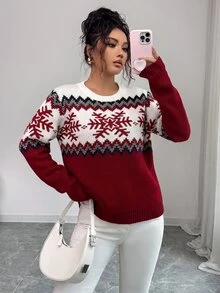 Louniche 秋冬新款優雅休閒紅色圓領長袖雪花提花女款時尚針織套頭毛衣，適合外出與節日穿著 - 紅色 - 查看 4