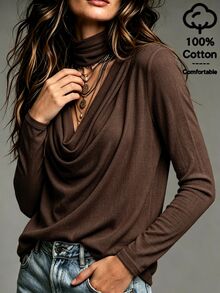SHEIN Soft Beige-Apricot Micro-Crinkled Textured Knit Fabric Layered High Neck With Large Natural Draped Pleats V-Neck Structure Standard Shoulder Straight Long Sleeve Flat Hem Exquisite Niche Design Long Sleeve Inner Top - Brown - View 5