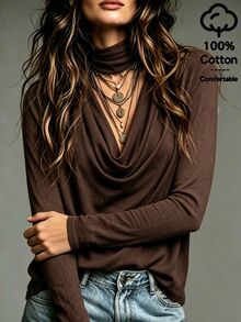 SHEIN Soft Beige-Apricot Micro-Crinkled Textured Knit Fabric Layered High Neck With Large Natural Draped Pleats V-Neck Structure Standard Shoulder Straight Long Sleeve Flat Hem Exquisite Niche Design Long Sleeve Inner Top - Brown - View 3