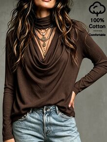 SHEIN Soft Beige-Apricot Micro-Crinkled Textured Knit Fabric Layered High Neck With Large Natural Draped Pleats V-Neck Structure Standard Shoulder Straight Long Sleeve Flat Hem Exquisite Niche Design Long Sleeve Inner Top - Brown - View 4