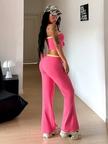 StreetHx Setelan 2 Potong Wanita dengan Motif Digital, Atasan Bandeau dengan Tali Depan dan Celana Flare - Berwarna merah muda - View 2