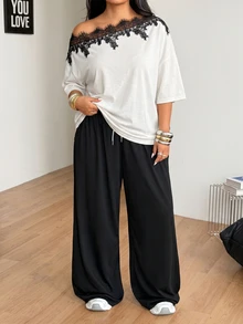 Coolane 女款大尺碼春夏優雅休閒正式外出海灘度假蕾絲拼接黑白不對稱領口T恤與寬腿褲2件套 - 黑與白 - 查看 4