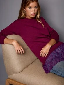 Nöista Drop Shoulder Oversized Knit Sweater With Lace Trim For Casual Fall And Winter  - Dusty Purple - View 3