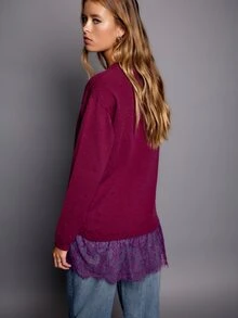 Nöista Drop Shoulder Oversized Knit Sweater With Lace Trim For Casual Fall And Winter  - Dusty Purple - View 6