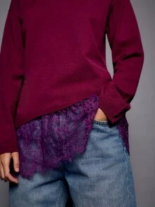 Nöista Drop Shoulder Oversized Knit Sweater With Lace Trim For Casual Fall And Winter  - Dusty Purple - View 4
