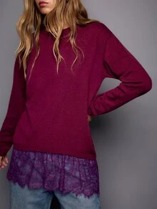 Nöista Drop Shoulder Oversized Knit Sweater With Lace Trim For Casual Fall And Winter  - Dusty Purple - View 5