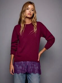 Nöista Drop Shoulder Oversized Knit Sweater With Lace Trim For Casual Fall And Winter  - Dusty Purple - View 2