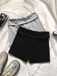 SHEIN 青少年女孩夏季休閒百搭日常健身運動瑜伽緊身印花摺腰短褲，返校季 - 灰色 - 查看 2