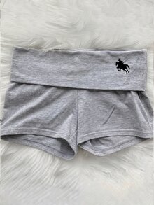 SHEIN 青少年女孩夏季休閒百搭日常健身運動瑜伽緊身印花摺腰短褲，返校季 - 灰色 - 查看 5