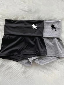 SHEIN 青少年女孩夏季休閒百搭日常健身運動瑜伽緊身印花摺腰短褲，返校季 - 灰色 - 查看 3