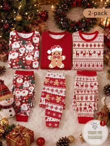 SHEIN Tween Girl Tween Girl Christmas Autumn/Winter Home Minimalist Long Sleeve Pants Set Snug Fit - Red and White - View 2