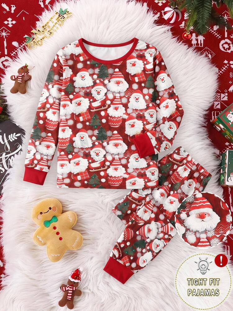 SHEIN Tween Girl Tween Girl Christmas Autumn/Winter Home Minimalist Long Sleeve Pants Set Snug Fit - Red and White - View 3