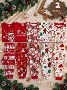 SHEIN Tween Girl Tween Girl Christmas Autumn/Winter Home Minimalist Long Sleeve Pants Set Snug Fit - Red and White - View 8