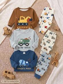 SHEIN Baby Boy Snug Fit Set, Cartoon Pattern, Knitted Soft Crew Neck Long Sleeve Pullover Autumn Top And Elastic Waist Long Pants, Snug Fit Loungewear - Multicolor - View 1