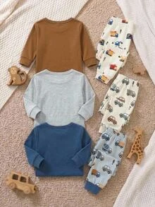 SHEIN Baby Boy Snug Fit Set, Cartoon Pattern, Knitted Soft Crew Neck Long Sleeve Pullover Autumn Top And Elastic Waist Long Pants, Snug Fit Loungewear - Multicolor - View 2