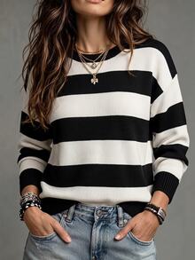 SHEIN PariChic Contrast Striped Crew Neck Pullover Sweater, Loose Slouchy Knit Top, Ideal For Autumn And Winter Cas - Multicolor - View 3