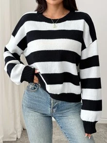 SHEIN PariChic Contrast Striped Crew Neck Pullover Sweater, Loose Slouchy Knit Top, Ideal For Autumn And Winter Cas - Multicolor - View 9
