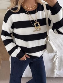 SHEIN PariChic Contrast Striped Crew Neck Pullover Sweater, Loose Slouchy Knit Top, Ideal For Autumn And Winter Cas - Multicolor - View 6