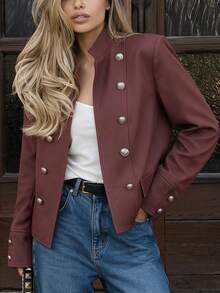 Briarwyn Fall Chic Vintage Preppy Women's Solid Color Napoleon Style Casual Elegant Double Breasted Blazer Jacket, Business Office, Dark Red - Coffee Brown - View 4
