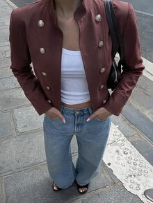 Briarwyn Fall Chic Vintage Preppy Women's Solid Color Napoleon Style Casual Elegant Double Breasted Blazer Jacket, Business Office, Dark Red - Coffee Brown - View 2