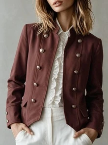 Briarwyn Fall Chic Vintage Preppy Women's Solid Color Napoleon Style Casual Elegant Double Breasted Blazer Jacket, Business Office, Dark Red - Coffee Brown - View 3