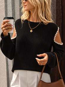 Pariaura Black Pearl-Embellished Cold-Shoulder Structured Knit Sweater With Statement Balloon Sleeves And Premium Accessory Detail - Black - View 2