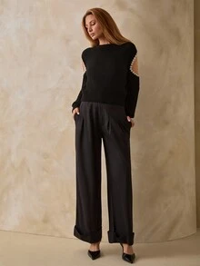Pariaura Black Pearl-Embellished Cold-Shoulder Structured Knit Sweater With Statement Balloon Sleeves And Premium Accessory Detail - Black - View 6