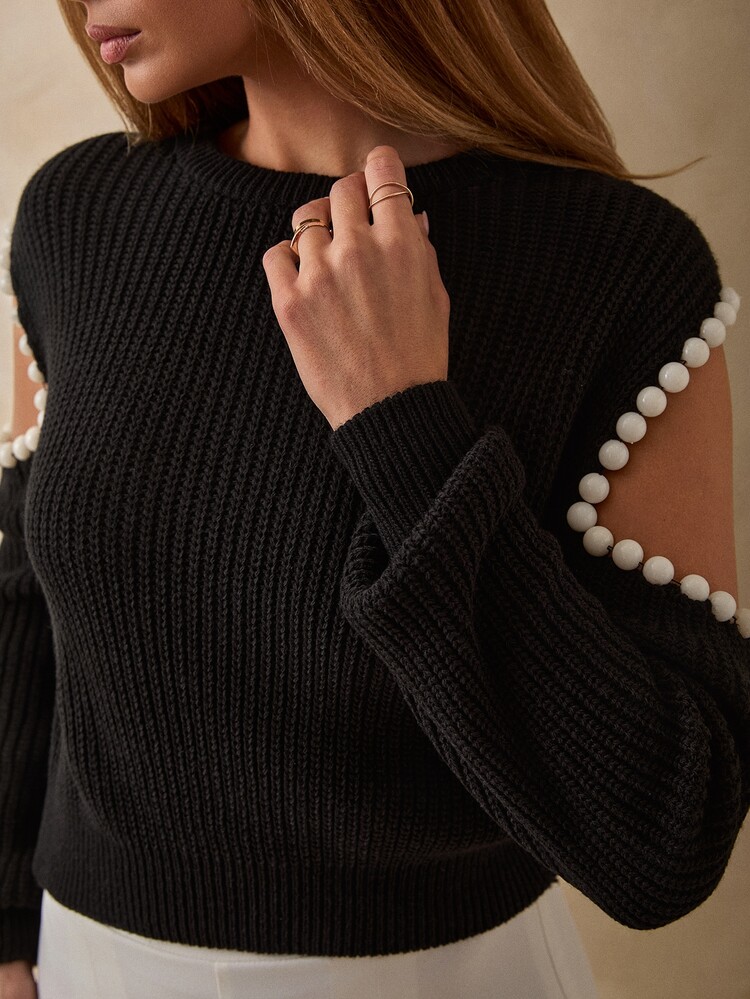 Pariaura Black Pearl-Embellished Cold-Shoulder Structured Knit Sweater With Statement Balloon Sleeves And Premium Accessory Detail - Black - View 10