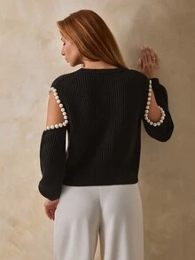 Pariaura Black Pearl-Embellished Cold-Shoulder Structured Knit Sweater With Statement Balloon Sleeves And Premium Accessory Detail - Black - View 4