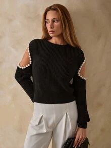 Pariaura Black Pearl-Embellished Cold-Shoulder Structured Knit Sweater With Statement Balloon Sleeves And Premium Accessory Detail - Black - View 5