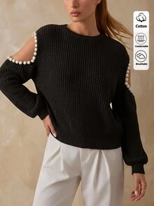 Pariaura Black Pearl-Embellished Cold-Shoulder Structured Knit Sweater With Statement Balloon Sleeves And Premium Accessory Detail - Black - View 3