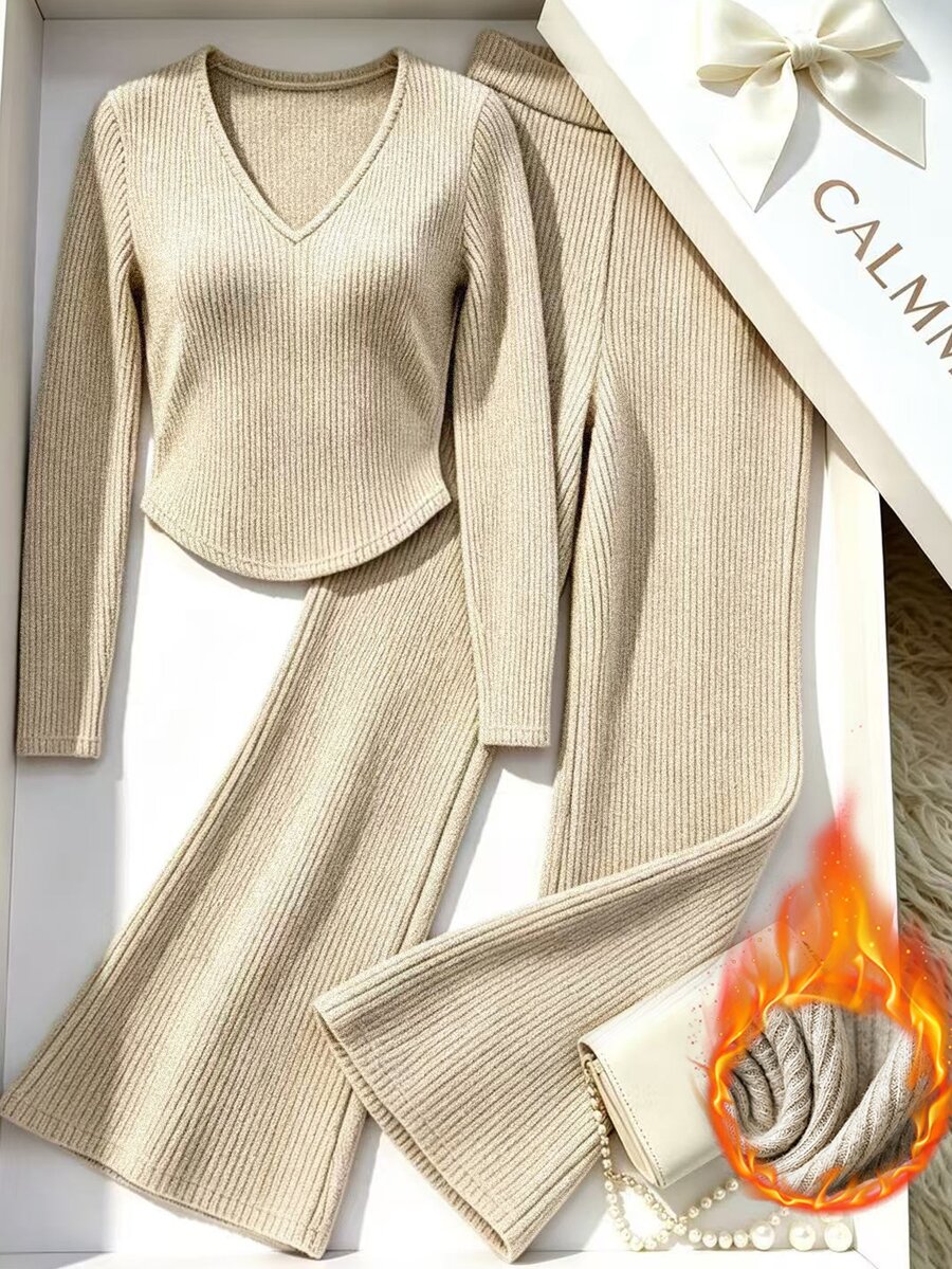 Franclia Women's V-Neck Long Sleeve T-Shirt And Flare Pants Casual 2 Pieces Set - Apricot - View 1