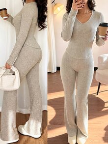 Franclia Women's V-Neck Long Sleeve T-Shirt And Flare Pants Casual 2 Pieces Set - Apricot - View 3