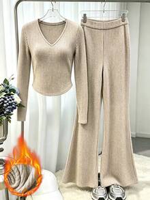 Franclia Women's V-Neck Long Sleeve T-Shirt And Flare Pants Casual 2 Pieces Set - Apricot - View 2