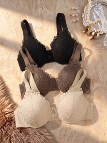 Snug Zone Women's Underwire Sexy Lace Front Closure Push-Up Bra 3 Pieces Set - Multicolor - View 1