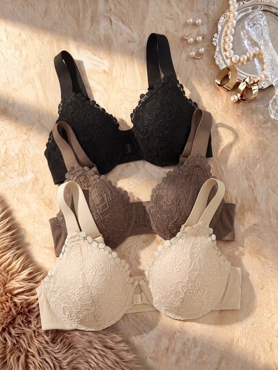 Snug Zone Women's Underwire Sexy Lace Front Closure Push-Up Bra 3 Pieces Set