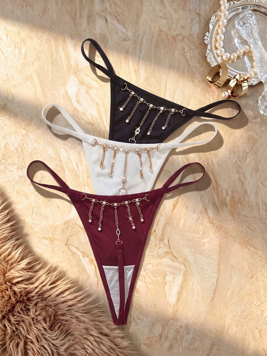 Snug Zone Conjunto de 3 piezas de bragas tipo tanga con tiras de cadena de strass en la espalda para mujer - Multicolor - Ver 1