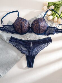 Bare Chapter 2pcs/Set Bra Berkawat Wanita dengan Motif Renda dan Patchwork - Navy Blue - View 6