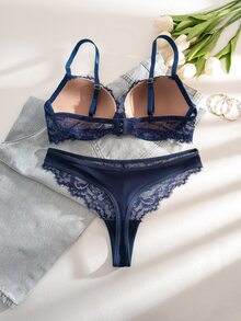 Bare Chapter 2pcs/Set Bra Berkawat Wanita dengan Motif Renda dan Patchwork - Navy Blue - View 4