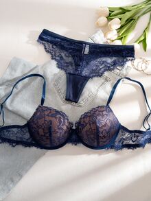 Bare Chapter 2pcs/Set Bra Berkawat Wanita dengan Motif Renda dan Patchwork - Navy Blue - View 7