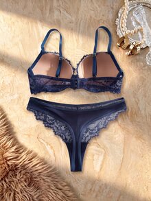 Bare Chapter 2pcs/Set Bra Berkawat Wanita dengan Motif Renda dan Patchwork - Navy Blue - View 2