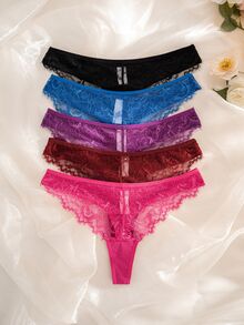 SHEIN 5pcs/Set Lace Patchwork Ribbed Fabric Thong Panties - Multicolor - View 7